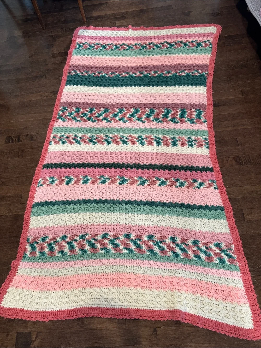 Vintage crocheted throw blanket pink green